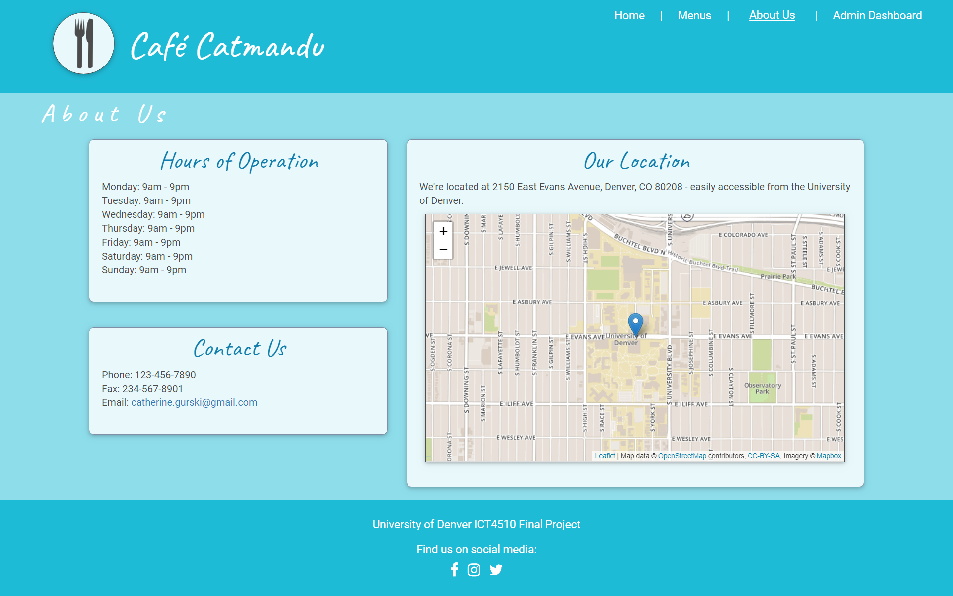 Screenshot of restaurant About Us page.