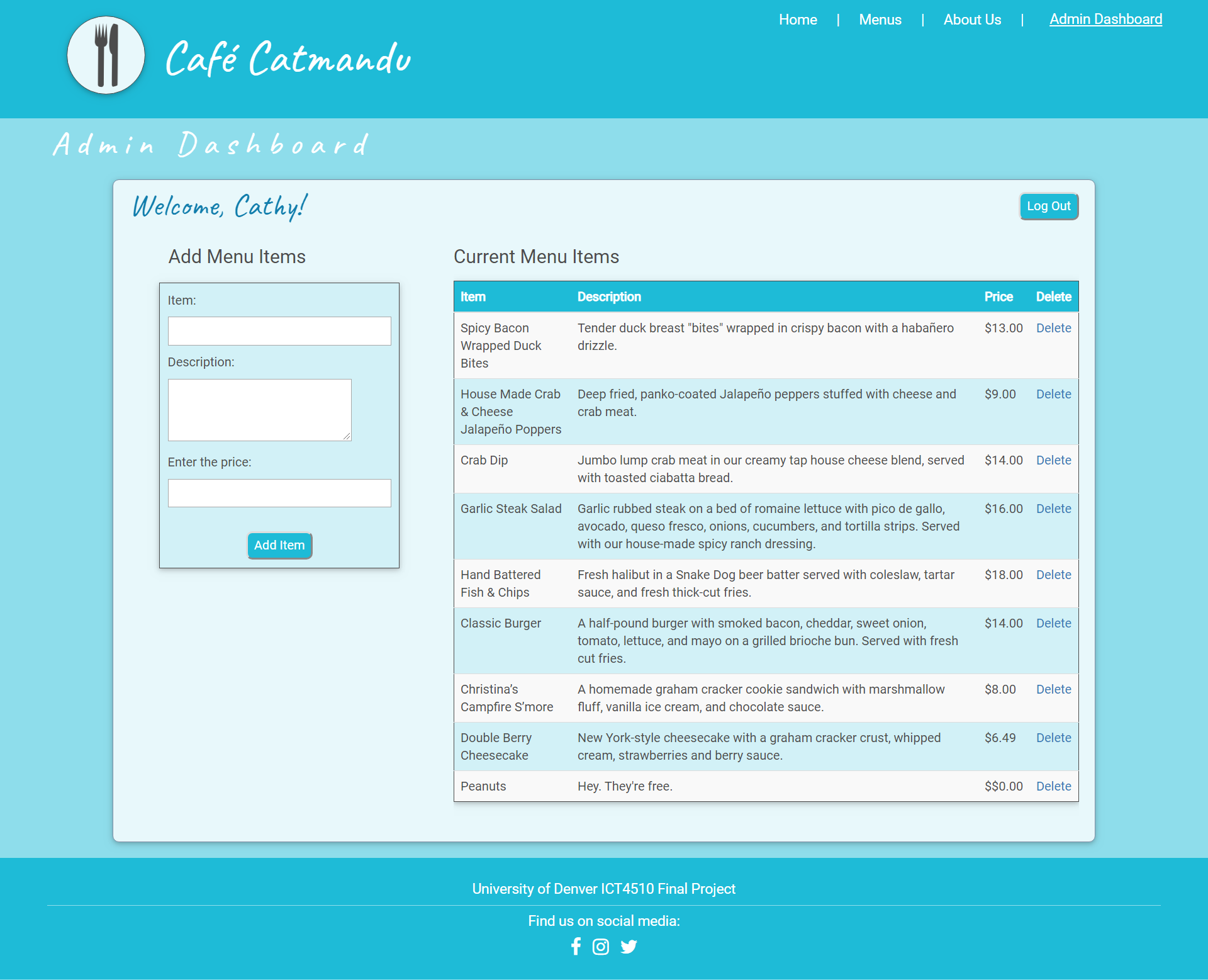 Screenshot of restaurant admin dashboard page.